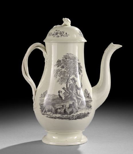 Black Transfer-Printed Creamware Coffeepot: English Black Transfer-Printed Creamware Coffeepot, third quarter 18th century, probably Leeds, with entwined double-handle and floral terminals, h. 11", w. 9".