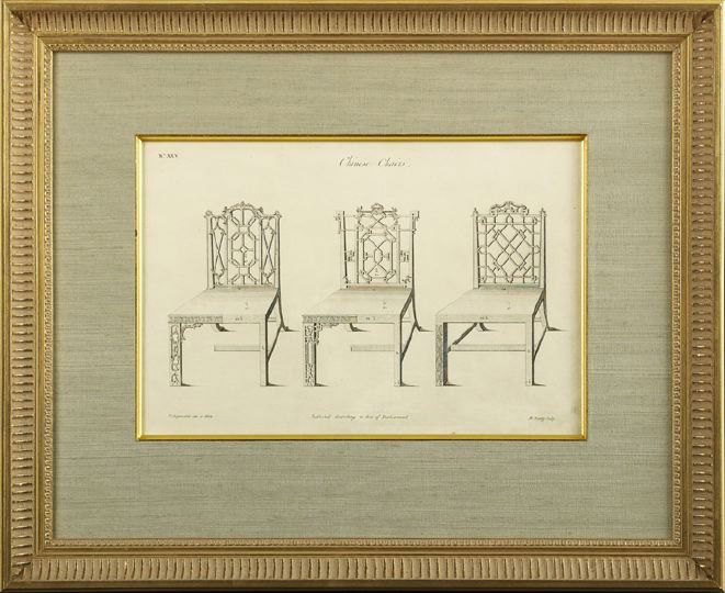 After Thomas Chippendale (British, 1718-1779): After Thomas Chippendale (British, 1718-1779) "Chinese Chairs", "Library Bookcase" and "Three Chairs", suite of three copperplate engraving from The Gentleman's and Cabinet-Maker's Director, sight 9-1