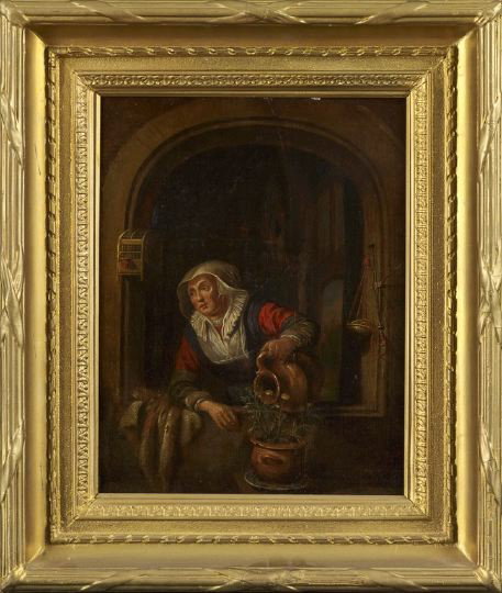 Circle of Gerrit Dou (Dutch, 1613-1675): Circle of Gerrit Dou (Dutch, 1613-1675) "Woman in a Niche, Watering a Flower Pot", oil on panel, unsigned, 14" x 11". Presented in a contemporary giltwood frame.