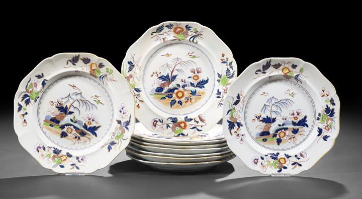 Set of Ten Ridgway Dinner Plates: Set of Ten Ridgway Dinner Plates, 1830-1841, comprised of nine dinner plates in an Imari-style pattern, dia. 10", together with one plate in a similar pattern, dia. 9-1/2", marked by "John, Rose and C