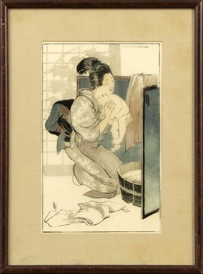 Helen Hyde (American/Japanese, 1868-1919): Helen Hyde (American/Japanese, 1868-1919) "The Bath", color woodcut, initialed in print lower left, dated "1905" upper right, sight, 16" x 10-1/4". Glazed, matted and framed.
