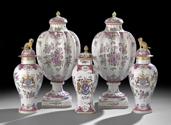 Samson Five-Piece Garniture Set: Samson Five-Piece Garniture Set, second quarter 20th century, in the Chinese Export taste, comprising a large pair of ovoid covered urns with fluted bodies and square bases, h. 17", dia. 7-1/4", a pai