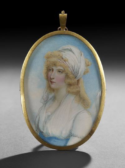Ivory Portrait Miniature of a Lady: Ivory Portrait Miniature of a Lady in the Romantic Style, with a scarf in her hair, mounted in an oval gold locket frame inscribed, "Countess of Asaph",
