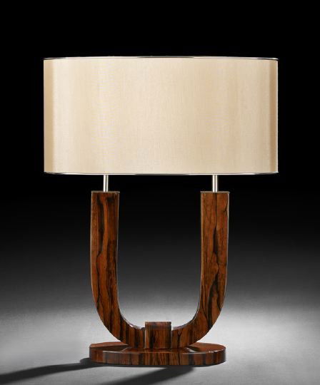 Art-Deco-Style Two-Light Table Lamp: Art-Deco-Style Two-Light Table Lamp, the rosewood-veneered U-shaped lamp standard attached to an oval rosewood base with a conforming shade, h. 23", w. 18", d. 10".