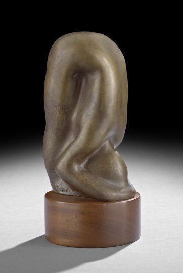 Loren David Schumann (American/Florida, b. 1959): Loren David Schumann (American/Florida, b. 1959), "Head to Toe", 1986, a patinated bronze figure of a female nude, presented on a turned mahogany base, overall h. 8-1/4", w. 3-1/4". Affixed to the und