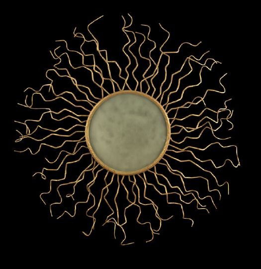 Large and Unusual Gilt-Metal Sunburst Mirror: Large and Unusual Gilt-Metal Sunburst Mirror, mid-20th century, the beveled circular mirrored plate surrounded by organically rendered interlacing rays, dia. 52".