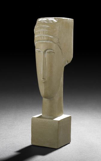 After Modigliani (Italian/French, 1884-1920): After Amedeo Modigliani (Italian/French, 1884-1920), "Tete", a painted plaster musem replica of the original 1911-1913 limestone model acquired by Solomon R. Guggenheim Museum, New York City, New York