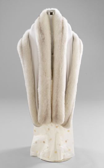 Light Gray Fox Evening Stole: Light Gray Fox Evening Stole, silk chiffon overlay over silk, with fur edges the width of one pelt, w. 17", l. 90".