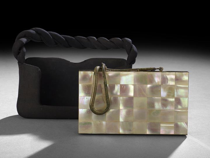 Two Piece Evening Bag: Two Piece Evening Bag, a small mother-of-pearl evening bag, ca 1940, the rectangular purse with a rolled metal hand, with compartments for rouge, powder, lipstick, mirror and cigarettes on the interio
