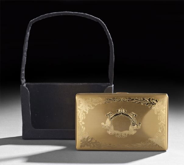 American Beauty Brushed Metal Compact: Vanity Case "American Beauty" Brushed Metal Compact, with three compartments for make-up and one for change, together with a black gabardine carrying case with change pocket on outside with snap enclo