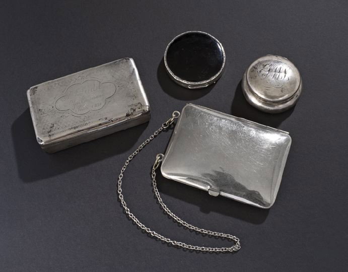 Four Silver and Silverplate Lady's Accessories: Collection of Four Silver and Silverplate Lady's Accessories, late 19th and early 20th centuries, including a rectangular German .800 silver box dated 1891, with engine engraving and presentation insc