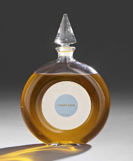 Magnum Guerlain "L'Heure Bleue" Cologne Flacon: Magnum One Liter Guerlain, Paris, "L'Heure Bleue" Eau de Cologne Flacon, mid-20th century, the "Montre" flacon designed in 1936 by the French glassmaker, Pochet et du Courval, the stopper glass, retai
