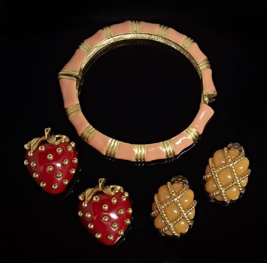 Three Kenneth Jay Lane Costume Jewelry Items: Collection of Three Kenneth Jay Lane Costume Jewelry Items, 1970s, comprised of a salmon-enameled faux-bamboo magnetized bangle, stamped: "KENNETH/LANE" within an oval, interior h. 2-1/8", w. 2-3/8", 
