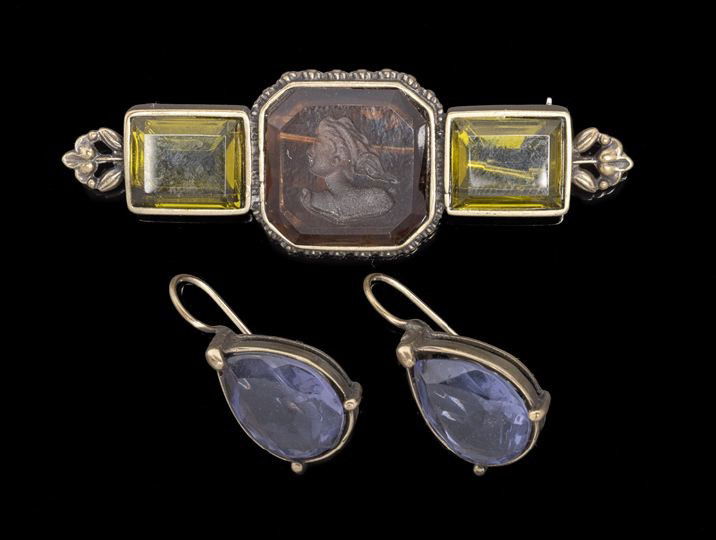 Group of Extasia Colored Glass Costume Jewelry,: Group of Extasia Colored Glass and Silverplate Costume Jewelry, 20th century, comprised of a pin centered with an intaglio, h. 3/4", w. 2-3/8", and a pair of teardrop earrings for pierced ears, overal