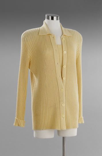 Loro Piano Cardigan and Shell: Loro Piano Cardigan and Shell, ca. 2000, of ribbed yellow cashmere, collar and front button placket and turn-back cuffs, labeled "Loro Piano Italy", size 48.