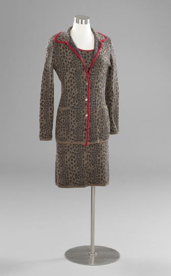Three-Piece Fendi Wool Knit Suit: Three-Piece Fendi Wool Knit Suit, ca 2000-2010, consisting of a wool knit animal print with red knitted trim, the cardigan with six brown "Fendi" buttons and a collar, long-sleeved with two front pock