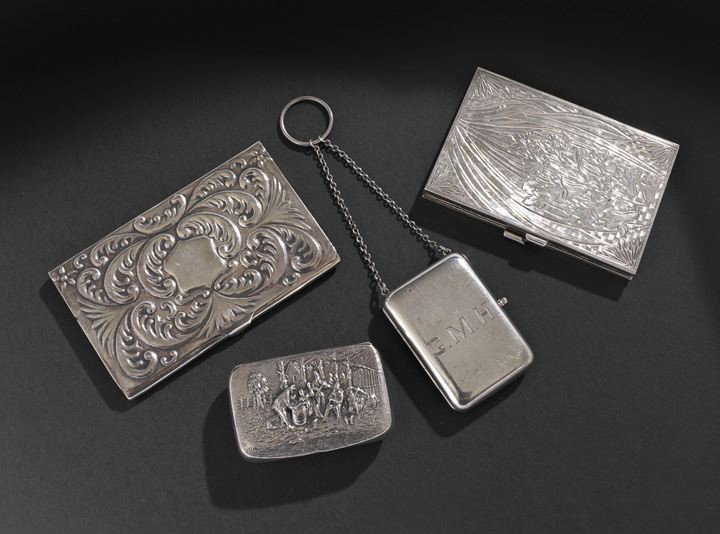 Four Silver and Silverplate Pocket Articles: Four Silver and Silverplate Pocket Articles, mid-20th century, including a Danish silverplate pillbox, the lid embossed with a rural scene, w. 2", a very unusual sterling silver vanity-chained miniatu