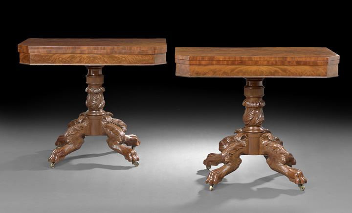 Pair of American Late Classical Games Tables: Rare and Fine Pair of American Late Classical Mahogany Fold-Open Games Tables, second quarter 19th century, New York, School of Duncan Phyfe, each exhibiting fine flame mahogany veneers and the tops m
