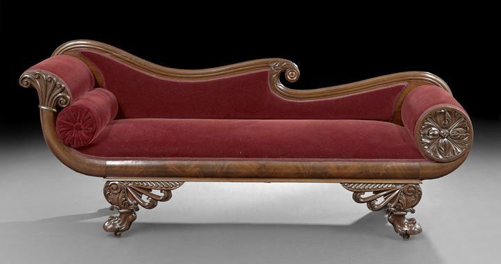 Good American Late Classical Mahogany Recamier: Good American Late Classical Mahogany Recamier, second quarter 19th century, Philadelphia, possibly Charles White or Anthony Quervelle, the molded and scrolling back joined by a tall curved and scroll