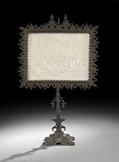 Penn's Treaty Biscuit Porcelain Lithophane: "William Penn's Treaty with the Indians" English Biscuit Porcelain Lithophane, mid-19th century, after the painting by Benjamin West, mounted on a period patinated bronze Gothic style frame, h. 16-3/4