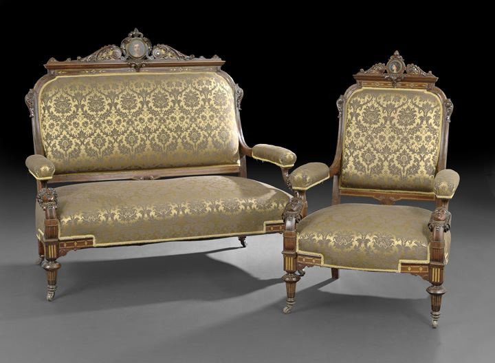 American Neo-Grec Rosewood Parlor Suite: American Neo-Grec Painted and Gilt-Incised Rosewood Parlor Suite, attributed to Herter Brothers, New York, 1868-1872, comprised of a settee, h. 45-1/2", w. 50", d. 34", and two arm chairs, h. 41-1/2" 