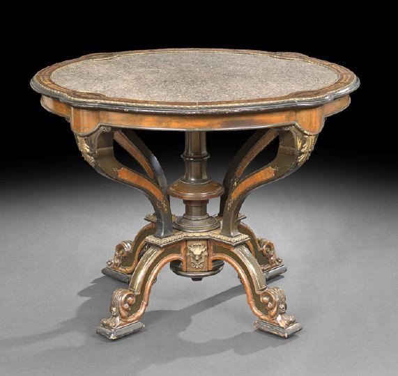 American Renaissance Revival Center Table: American Renaissance Revival Bronze Mounted, Gilt-Incised and Marquetry Inlaid Rosewood and Ebonized Center Table, third quarter 19th century, attributed to Pottier and Stymus, New York, the inset mot