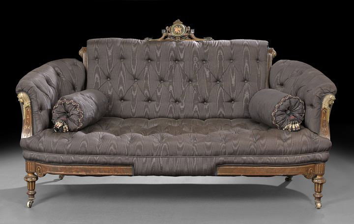 American Egyptian Revival Two-Piece Parlor Suite: American Egyptian Revival Bronze Mounted, Marquetry Inlaid and Gilt-Incised Two-Piece Parlor Suite, attributed to Pottier and Stymus, New York, comprised of a settee and matching arm chair, each with 