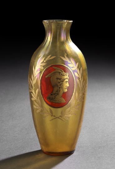 Irridescent Gold Art Glass Vase: Irridescent Gold Art Glass Vase first quarter 20th century, of baluster form, decorated with a neoclassical head and gilt laurel wreath, signed "Loetz, Austria", h. 8-1/2".