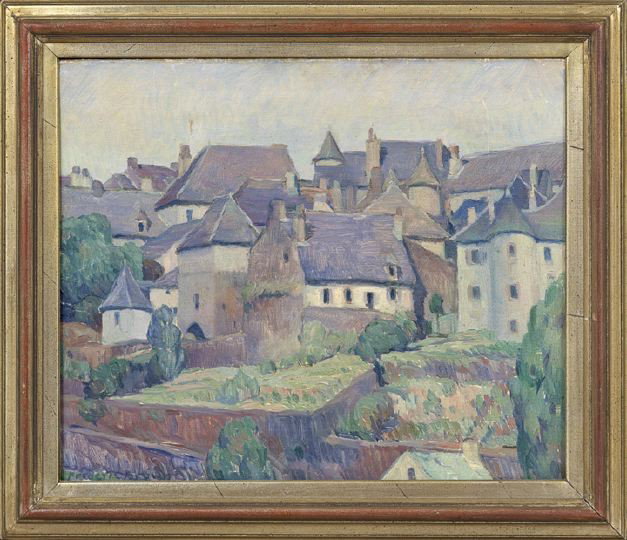 Frederick W. Browne (American/Texas, 1877-1966): Frederick William Browne (American/Texas, 1877-1966) "View of a French Village", oil on canvas, signed lower left "Frederick Browne", 15" x 18". Presented in a molded giltwood frame.