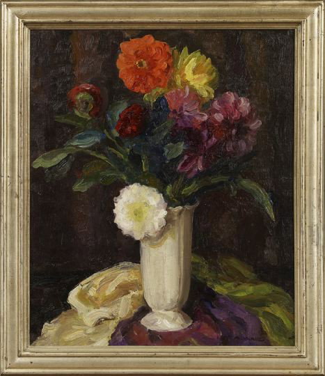 Mabel Alvarez (American/California, 1891-1985): Mabel Alvarez (American/California, 1891-1985) "Anemonies", oil on canvas, signed lower right "M. Alvarez", reverse with an exhibition label inscribed with the title, medium and artist's name and addr