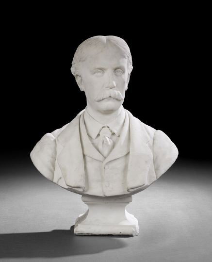 Marble Bust of a Gentleman: Marble Bust of a Gentleman, fourth quarter 19th century, depicted wearing a jacket, vest and tie and set on a square cove molded socle, h. 27", w. 20-1/2", d. 11".