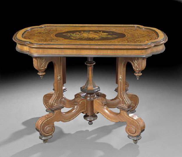 American Renaissance Revival Center Table: American Renaissance Revival Marquetry Inlaid, Ebonized and Gilt-Incised Rosewood Center Table, third quarter 19th century, attributed to Pottier and Stymus, New York, the top with a centered inlaid p