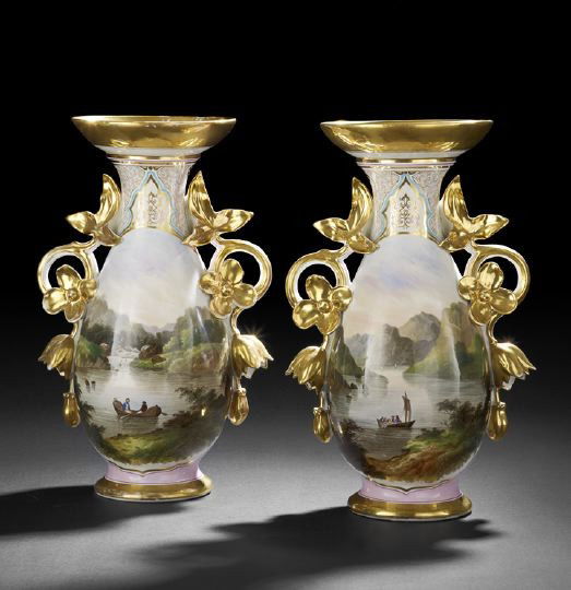 Pair of Franco-Bohemian Garniture Vases: Pair of Franco-Bohemian Garniture Vases, mid-19th century, lushly decorated with lake scenes, including row boats, sail boats and a waterfall, all set on a pink ground with flower-molded gilt handles,