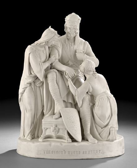 Parian Figure of "The Poison'd Wound Edward I": Impressive English Parian Porcelain Figure of "The Poison'd Wound Edward I", mid-19th century, after William Beattie and sold at the Glasgow Art Union, depicting a stately Edward I seated, two females
