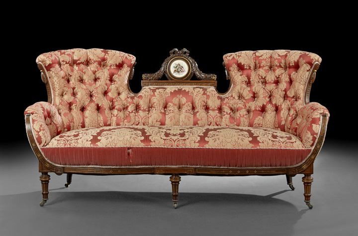 American Neo-Grec Porcelain Mounted Rosewood Sofa: American Neo-Grec Gilt-Incised and Porcelain Mounted Rosewood Sofa, third quarter 19th century, New York, probably from the workshop of "Pottier and Stymus", the back of tripartite-form, with double-c