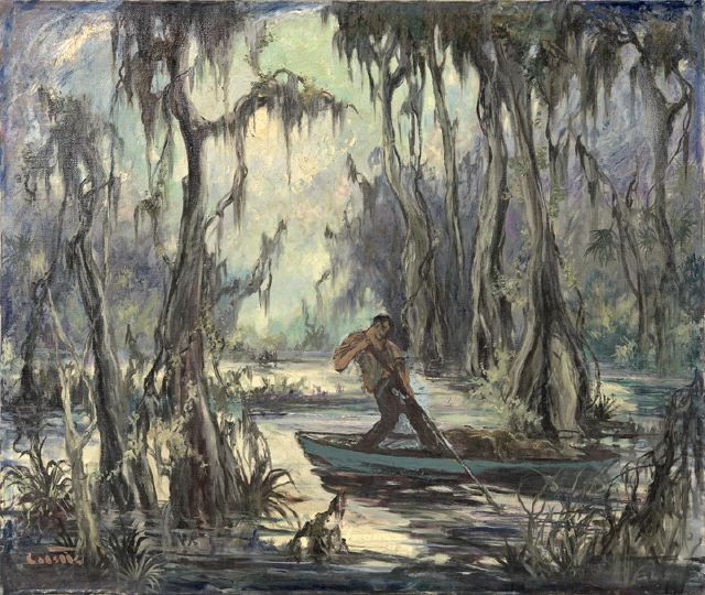 Colette P. Heldner (Louisiana, 1902-1990): Colette Pope Heldner (American/Louisiana, 1902-1990) "Swamp Idyll (Louisiana Bayou Country)", oil on canvas, signed lower left "Colette", signed and titled on the reverse canvas, 30" x 36-1/2". Presen