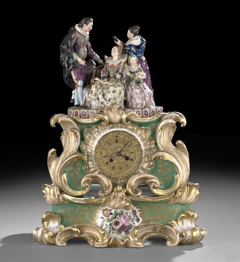 Paris Porcelain Three-Part Figural Clock: Monumental Paris Porcelain Three-Part Figural Clock, signed, Margaine (1839-1867) who decorated the piece, with the body attributed to Jacob Petit, the figural top depicts royalty in Elizabethan costu