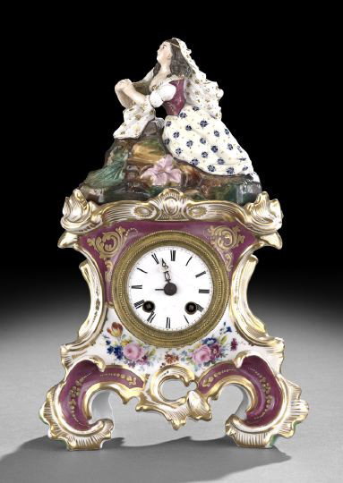 Paris Porcelain Rococo Revival Figural Clock: Paris Porcelain Two-Part Rococo Revival Figural Clock, second quarter 19th century, the base decorated with magenta panels overlaid with raised gilt corners and hand painted flowers, the female figure