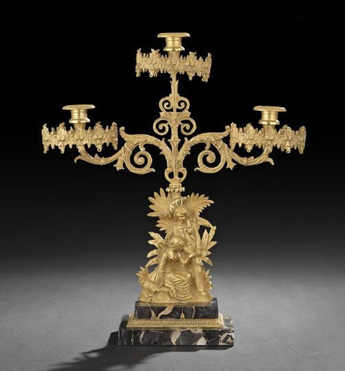 American "Paul and Virginia" Girandole: American "Paul and Virginia" Girandole, mid-19th century, probably Philadelphia, with rare Egyptian marble stepped base, with leaf-molded prism rings, egg-and-dart molded candle cups and scroll molded