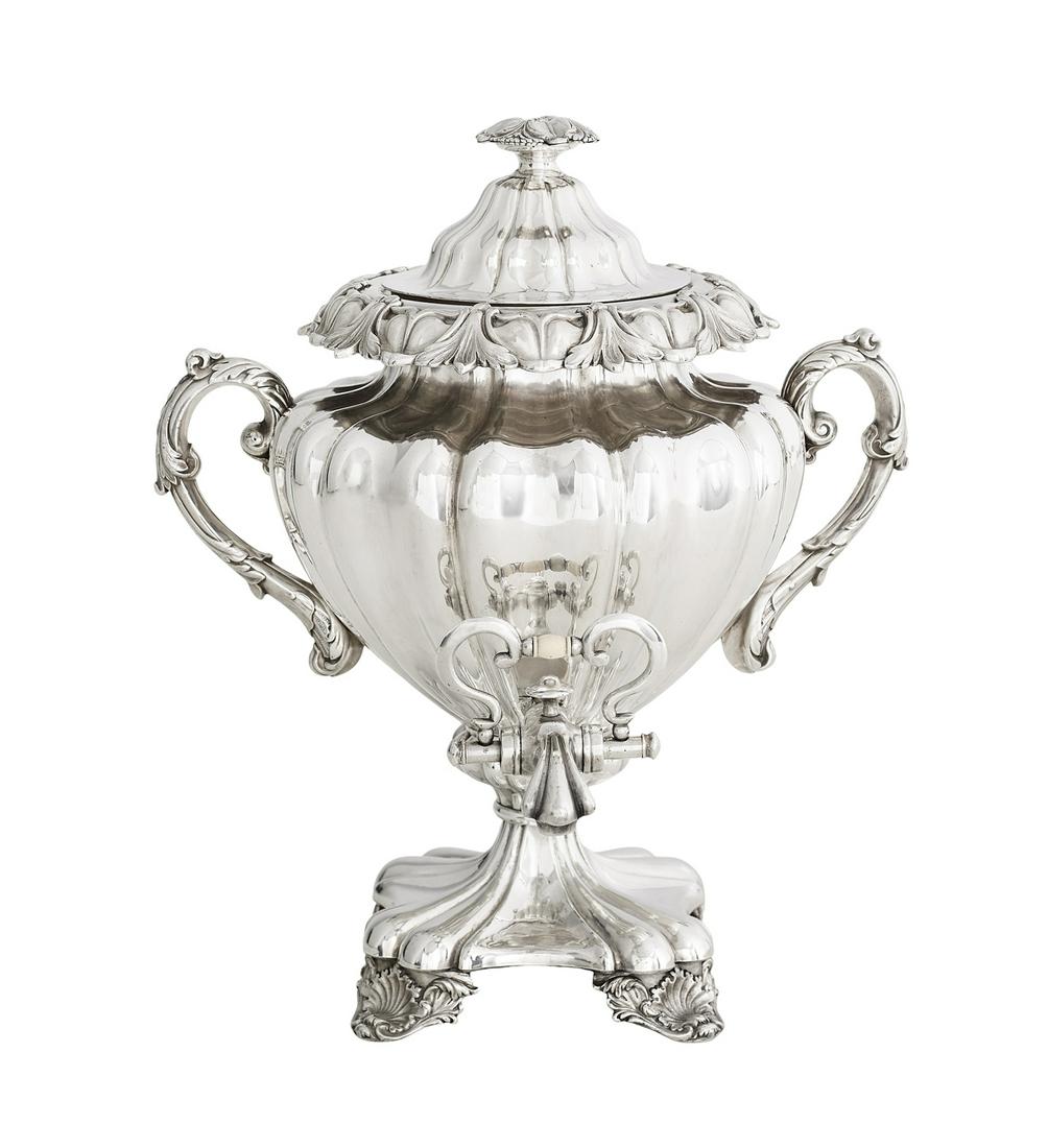 Victorian Silverplate Hot Water Urn: Victorian Silverplate Hot Water Urn second quarter 19th century, of serpentine-lobed urn form above a squared pedestal base, with robust acanthus-mounted handles, feet and addorsed scroll key, the dom