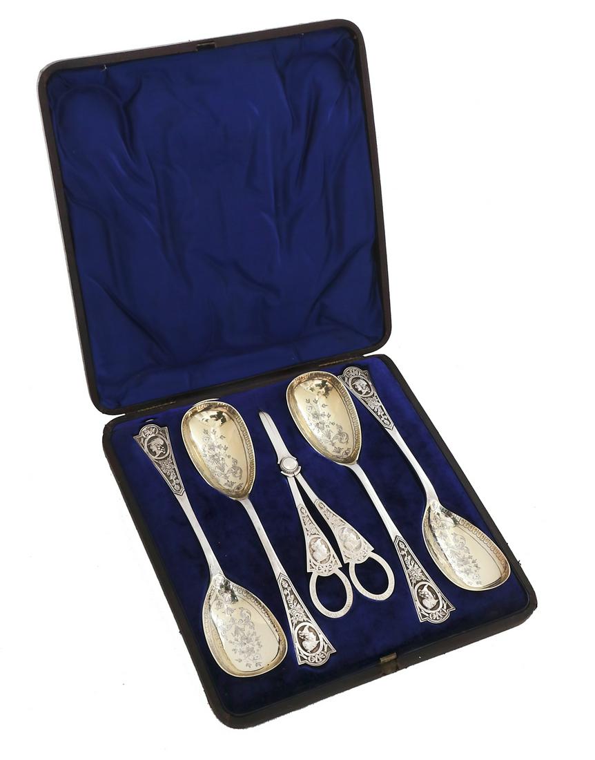 Good English Silverplate Berry Service: Good English Silverplate Berry Service fourth quarter 19th century, by Martin, Hall & Co., Sheffield, including four berry spoons, l. 9", and a pair of grape shears, l. 4-1/4", all in a neo-Grec "Meda