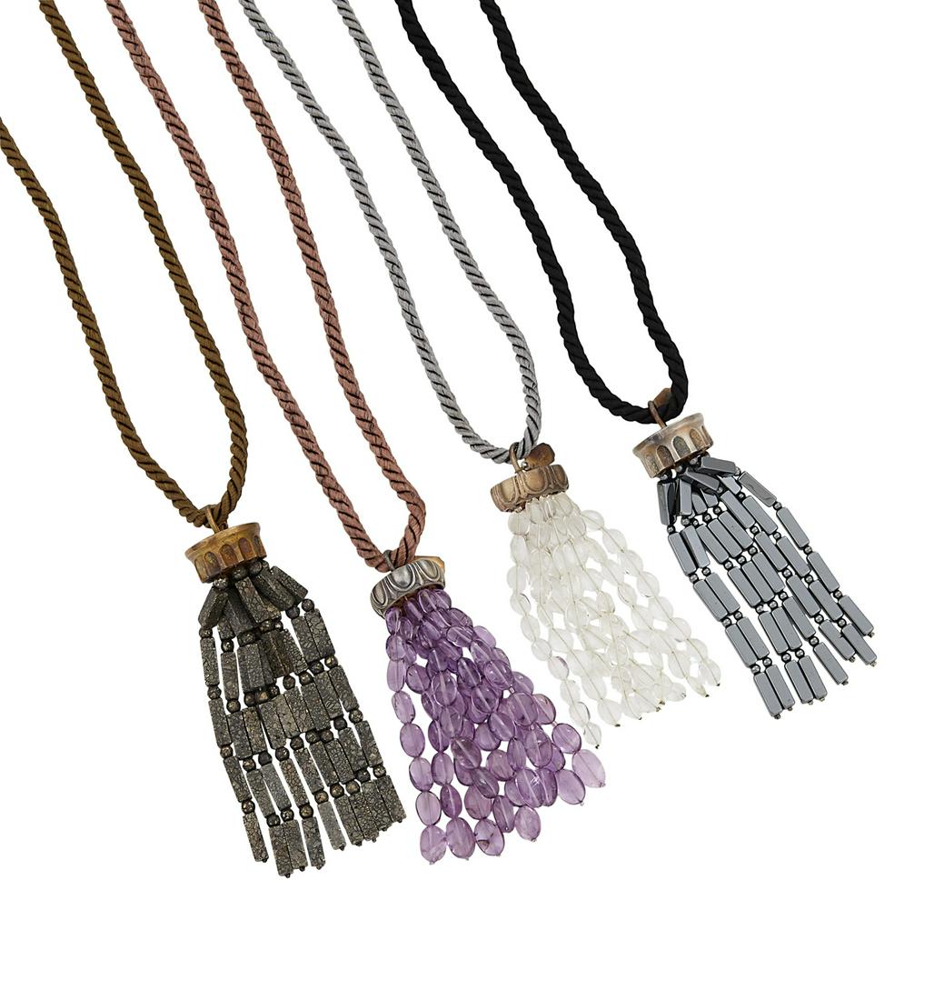Four Mignon Faget Tassel Necklaces: Four Mignon Faget Tassel Necklaces sterling silver, all on adjustable cords, one with a rock crystal tassel, l. 3-1/2", another with a hematite tassel, l. 4", another with a pyrite tassel, l. 4-1/4",
