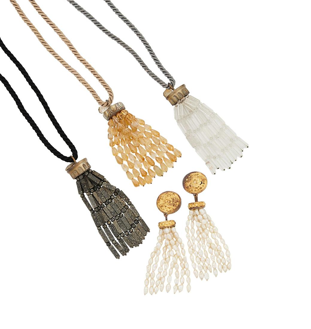 Group of Mignon Faget Tassel Jewelry: Group of Mignon Faget Tassel Jewelry including three tassel necklaces on adjustable cords, one with a citrine tassel, l. 3-1/2", another with a pyrite tassel, l. 4", and another with a rock crystal ta