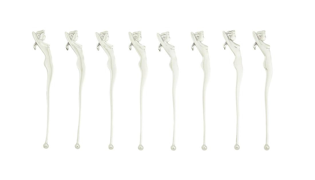 Eight Art Deco-Style Sterling Swizzle Sticks: Set of Eight Art Deco-Style Sterling Silver Swizzle Sticks contemporary, each in the form of a nude female figure in profile. l. 5-1/2", 4.22 total t. oz.