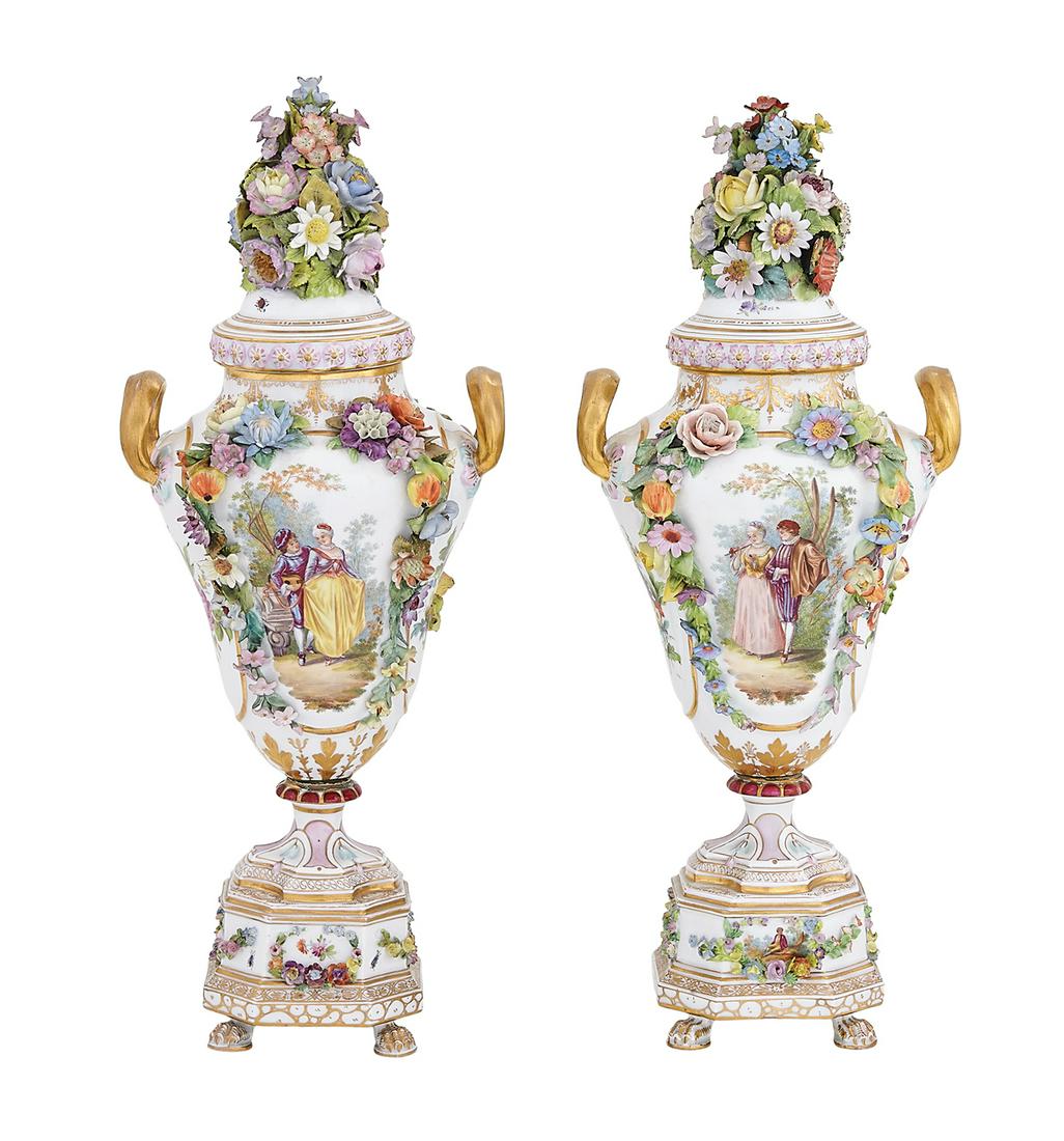 Pair of Dresden-Style Porcelain Covered Urns (1 of 5)