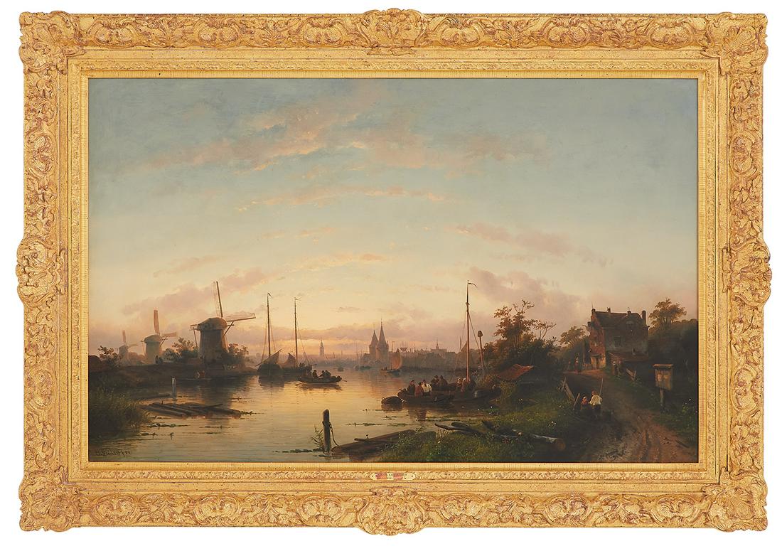 Charles Henri Jos. Leickert (Belgian, 1816-1907): Charles Henri Joseph Leickert (Belgian, 1816-1907) "River View, Evening, with a Distant View of Amsterdam", 1853 oil on wood panel oil on wood panel signed and dated lower left, and "Burlington Painti