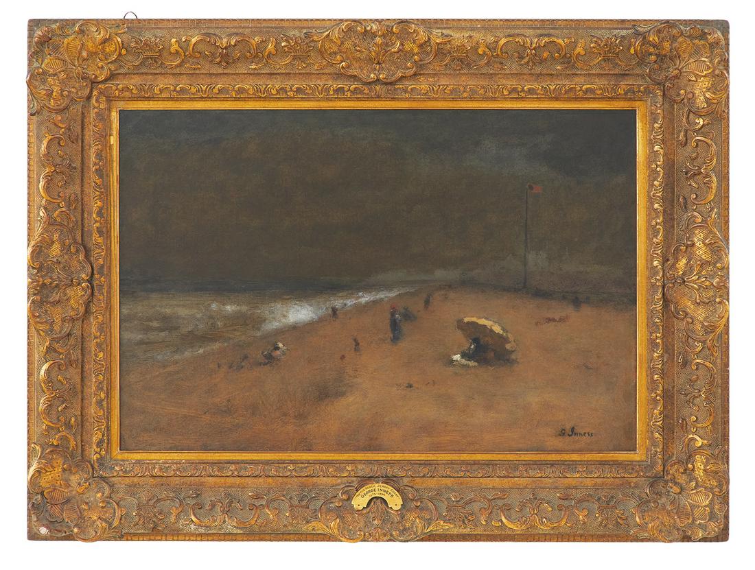 George Inness (US, 1825-1894): George Inness (American, 1825-1894) "Along Jersey Shore", 1891 oil on canvas signed lower right, verso stretcher with a label, hand-inscribed with artist name, title, inventory #10209 and date of work