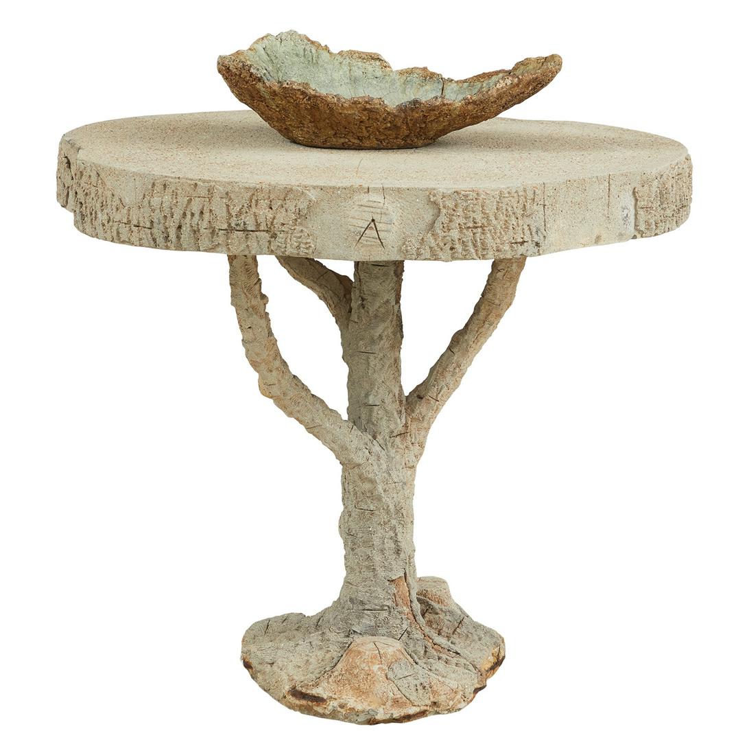 French Faux Bois Garden Table and Centerpiece: French Faux Bois Garden Table and Centerpiece the table with a round top above a base of tree trunk form, together with a leaf-form centerpiece. table h. 33", dia. 35", centerpiece h. 5", w. 12", l. 1