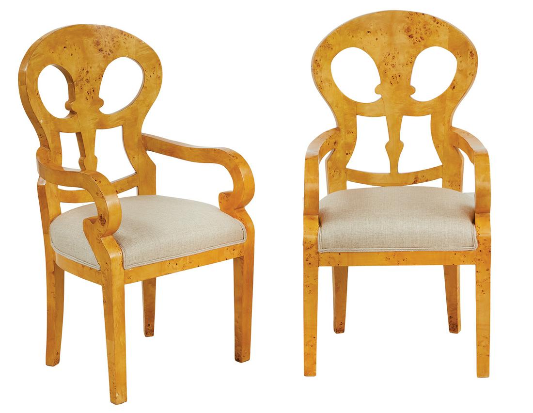 Pair of Biedermeier-Style Burlwood Fauteuils: Pair of Biedermeier-Style Burlwood Fauteuils each with a pierced balloon back joined to the padded seat by downswept scrolling arms, raised on tapering square legs. h. 43", w. 22", d. 20-1/2"