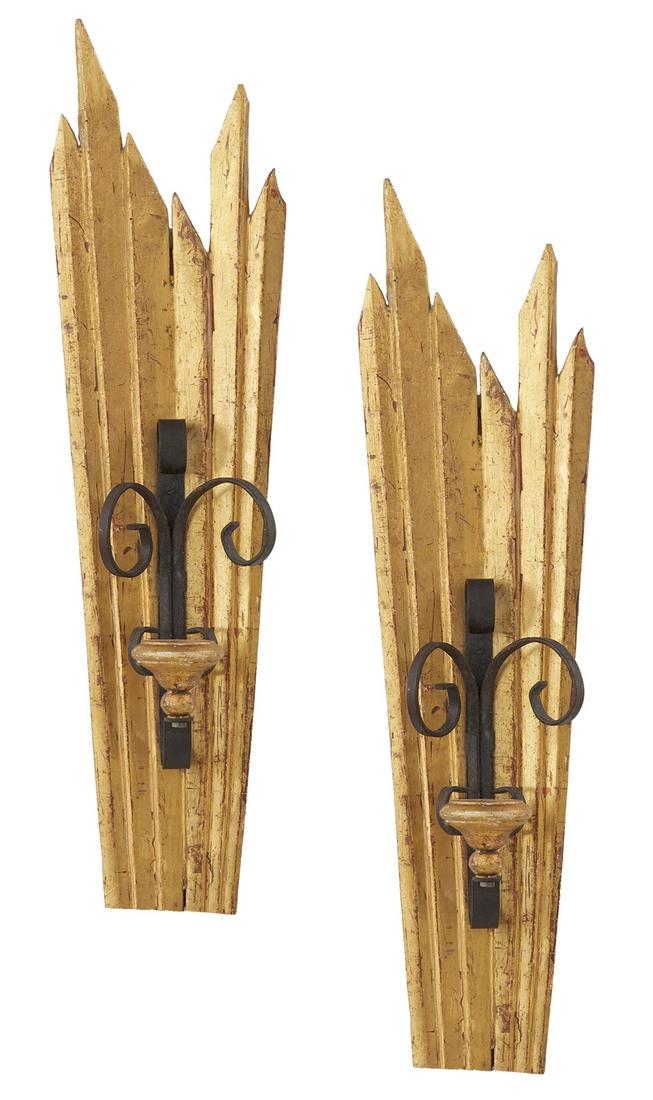 Pair of Giltwood and Metal Sunburst Sconces: Pair of Unusual Giltwood and Metal Sunburst Sconces 20th century, possibly French, the backplates in the form of "rays", set with turned giltwood candle sockets mounted on scrolled metal supports. h. 